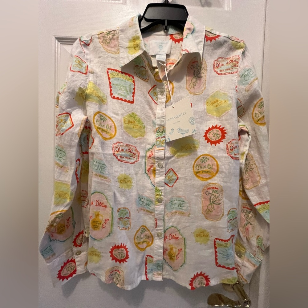NWT Cynthia Rowley 100% Linen Olive Oil Label Print Button Down Shirt - Picture 11 of 14
